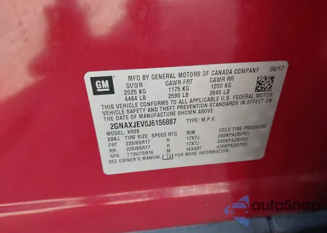 2018 Chevrolet Equinox Lt z USA, uszkodzony, nr VIN 2GNAXJEV0J6156887